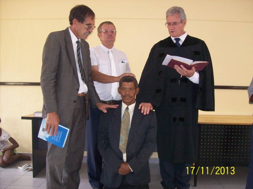 Rev. Lucas van Vuuren as part of the Degnos Training. Here he is blessing late Rev. Josef Gevers, with late Rev Hendrik van Zyl and late Rev. Koos Engelbrecht.